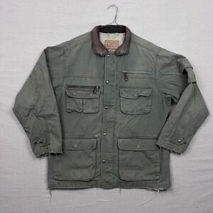Vintage 90s Eddie Bauer Utility Field Jacket Green Cotton Leather Collar Mens L